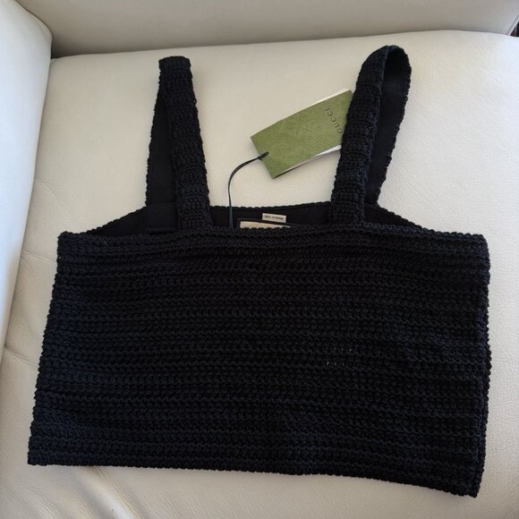 NWT GUCCI Crochet-Knit Sleeveless Crop Top Sz L Black 100% Authentic - Picture 7 of 10